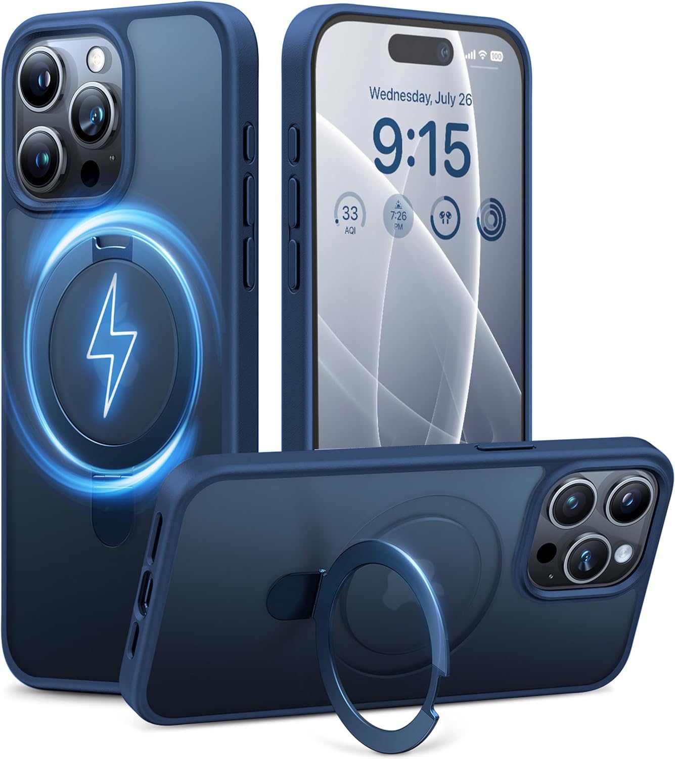 DIZORO Polycarbonate Magnetic Ring Stand For iPhone 15 Pro Max Case [Military Drop Protection] [Compatible With Magsafe] Shockproof Matte Translucent Slim Phone Case-Blue