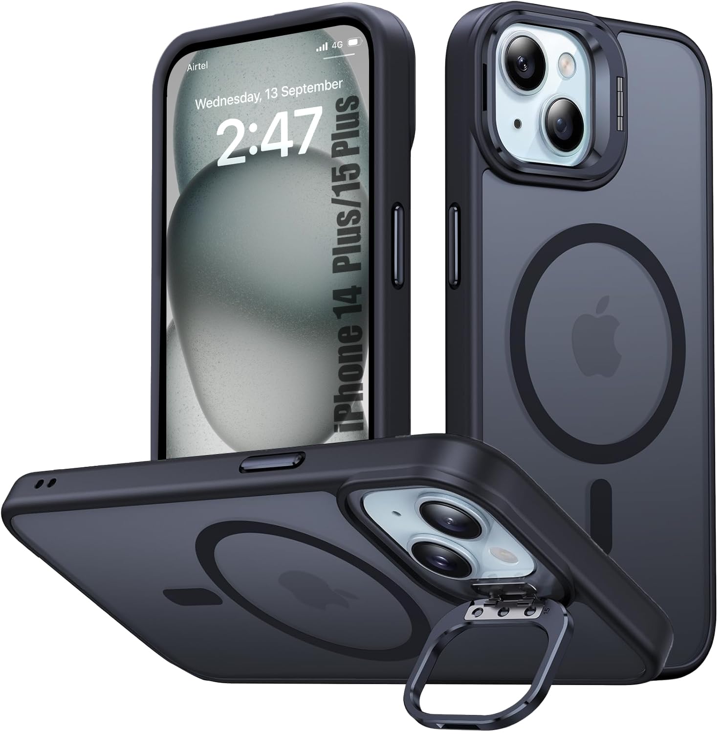 EGOTUDE Magnet Stand Case for iPhone 15 Plus & iPhone 14 Plus | Translucent Frosted Back Cover Compatible with Mag-Safe