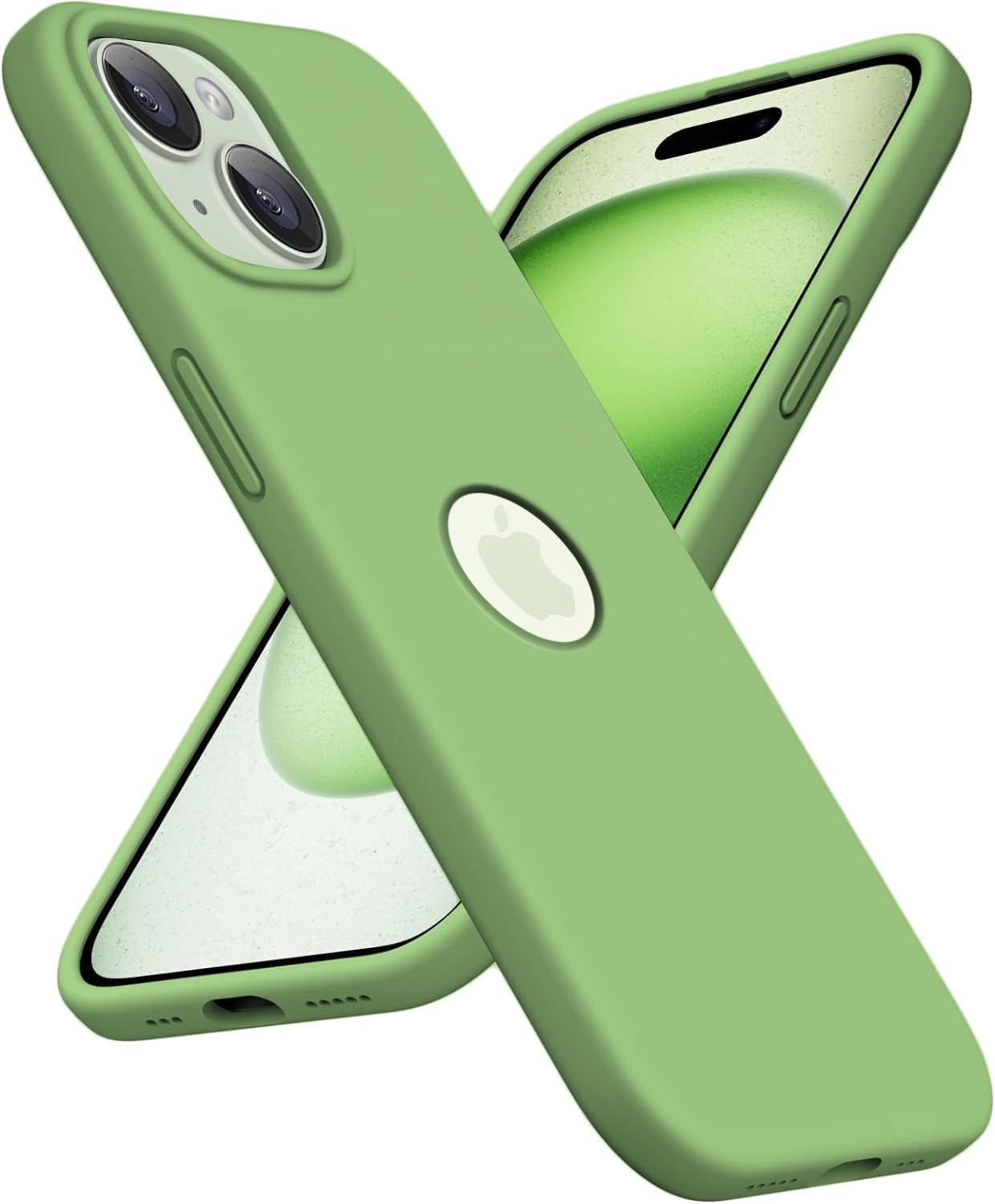 Elzzi Microfiber Logo Cut Compatible for iPhone 15 Plus Case Liquid Silicone Cases Non-Slip Full Body 4 Layer Protectives Shockproof Back with High Raised Camera Lips (6.7 inch, Matcha Green)