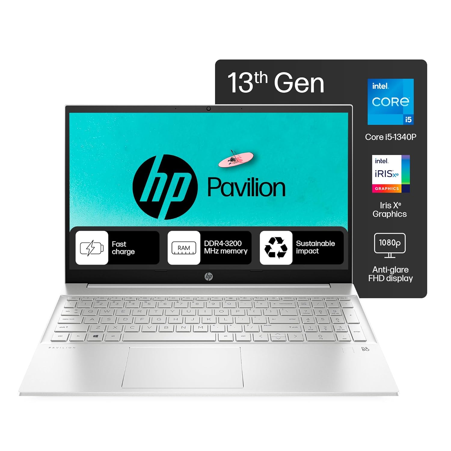 HP Pavilion 13th Gen Intel Core i5-1340P (16GB RAM/512GB SSD) FHD, 15.6” (39.6cm), Windows 11/MS Office 21, Silver,1.74kg, eg3027TU 720p HD Camera, Backlit Keyboard, Audio by B&O Laptop HP Pavilion 13th Gen Intel Core i5-1340P (16GB RAM/512GB SSD) FHD, 15.6” (39.6cm), Windows 11/MS Office 21, Silver,1.74kg, eg3027TU 720p HD Camera, Backlit Keyboard, Audio by B&O Laptop