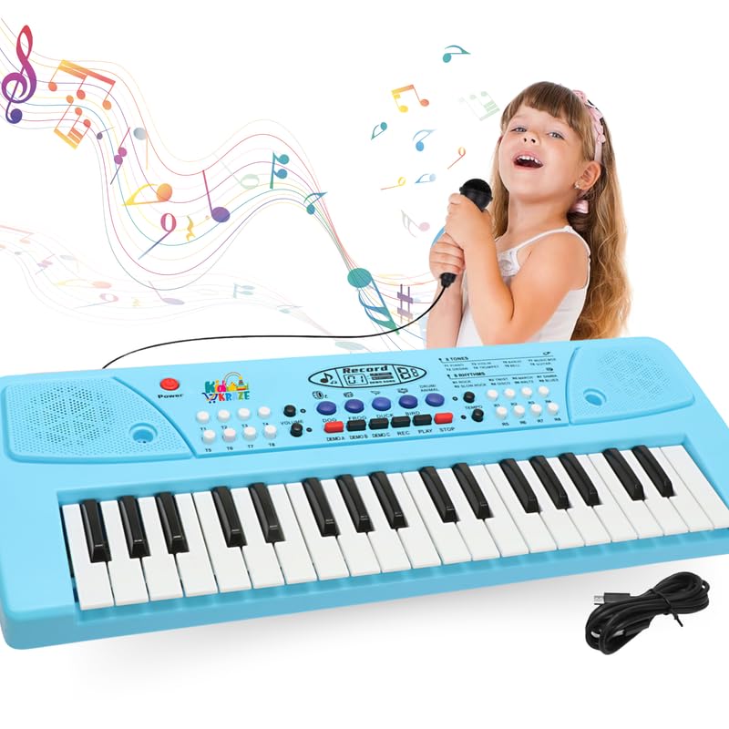 KID KRAZE 37 Keys Kids Piano with Mic Portable Electronic Keyboard Toy Beginners Educational Songs Recording Musical Toys Age 3 to 5 Years Pn11, Blue