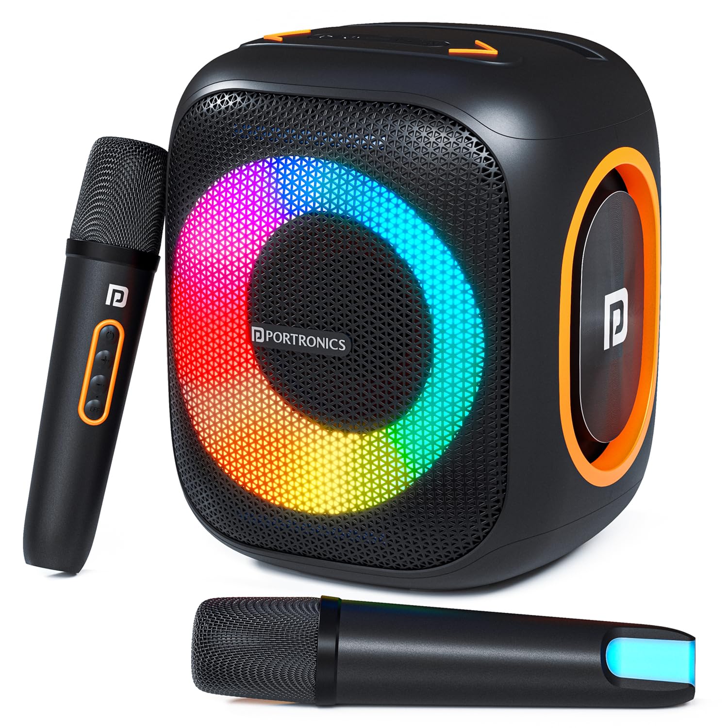 Portronics Dash 10 50W Wireless Bluetooth Party Speaker With Dual Wireless Karaoke Mic, Upto 6 Hours Playtime, Dual Bass Radiator, HD Sound, RGB LED Lights,BT 5.3V,AUX IN,USB In,Type C Charging(Black)