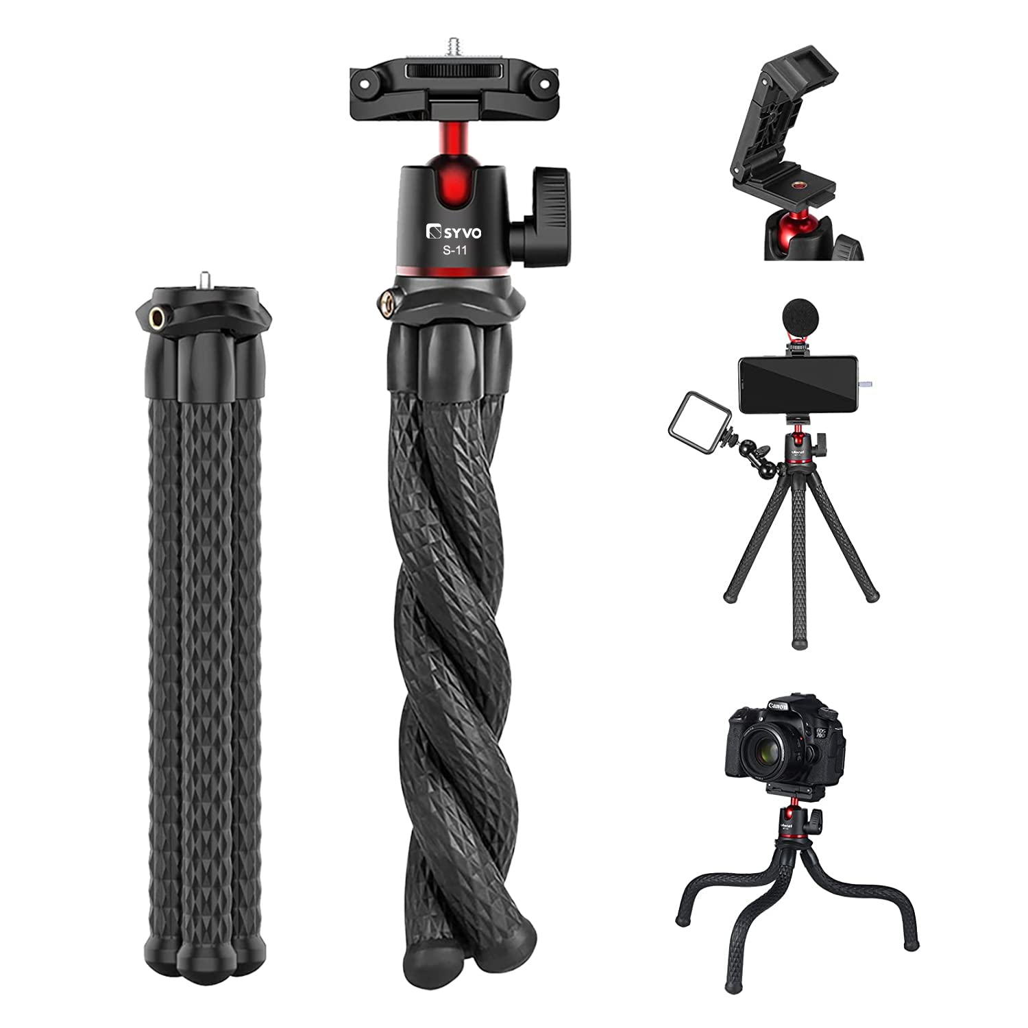 Syvo S-11 Camera Tripod, Flexible Gorilla Tripod Stand with Hidden Phone Holder w Cold Shoe Mount, 1/4” Screw for Magic Arm, Universal for iPhone 14 13 Pro XS Max Samsung Canon Nikon Sony Cameras Syvo S-11 Camera Tripod, Flexible Gorilla Tripod Stand with Hidden Phone Holder w Cold Shoe Mount, 1/4” Screw for Magic Arm, Universal for iPhone 14 13 Pro XS Max Samsung Canon Nikon Sony Cameras