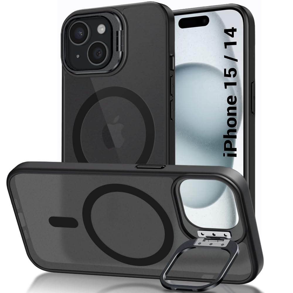 TheGiftKart Hybrid Back Cover Case for iPhone 15 / iPhone 14 Compatible with MagSafe | Built-In Stand | ShockProof Hard Case Cover for iPhone 15 / iPhone 14 (PC & TPU, Frosted Matte Back, Black Sides) TheGiftKart Hybrid Back Cover Case for iPhone 15 / iPhone 14 Compatible with MagSafe | Built-In Stand | ShockProof Hard Case Cover for iPhone 15 / iPhone 14 (PC & TPU, Frosted Matte Back, Black Sides)