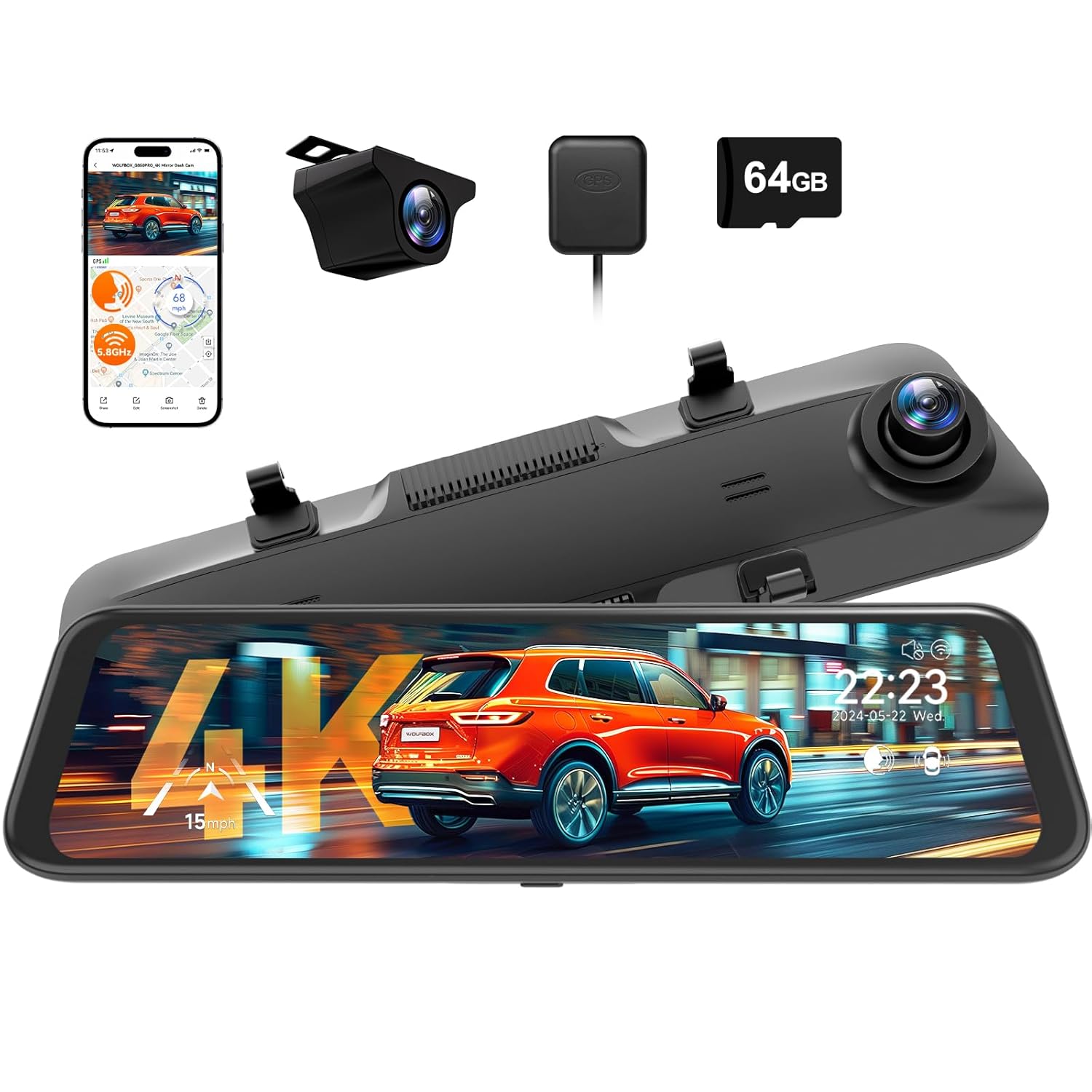 WOLFBOX G850 PRO 4K Smart Mirror Dash Cam with ADAS & BSD, 12” Rear View Mirror Camera, 5.8GHz WiFi, Voice Control, Includes 64GB Card, GPS, G-Sensor & Loop Recording.