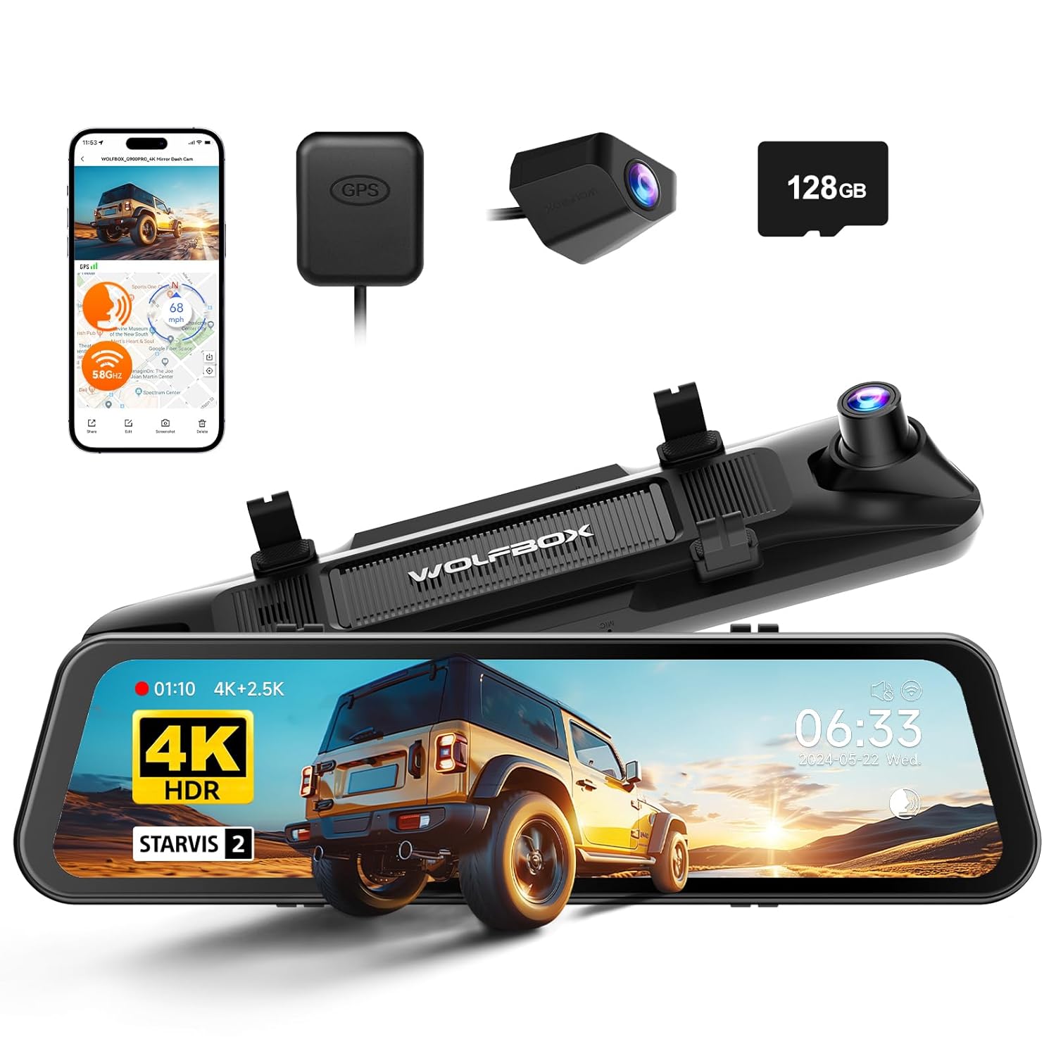 WOLFBOX G900 PRO 12″ Mirror Dash Cam – Front 4K + Rear 2.5K Dual Recording, STARVIS 2 IMX678 Sensor, 128GB Card, Voice Control, 5.8GHz WiFi, Loop Recording, G-Sensor & GPS WOLFBOX G900 PRO 12″ Mirror Dash Cam – Front 4K + Rear 2.5K Dual Recording, STARVIS 2 IMX678 Sensor, 128GB Card, Voice Control, 5.8GHz WiFi, Loop Recording, G-Sensor & GPS