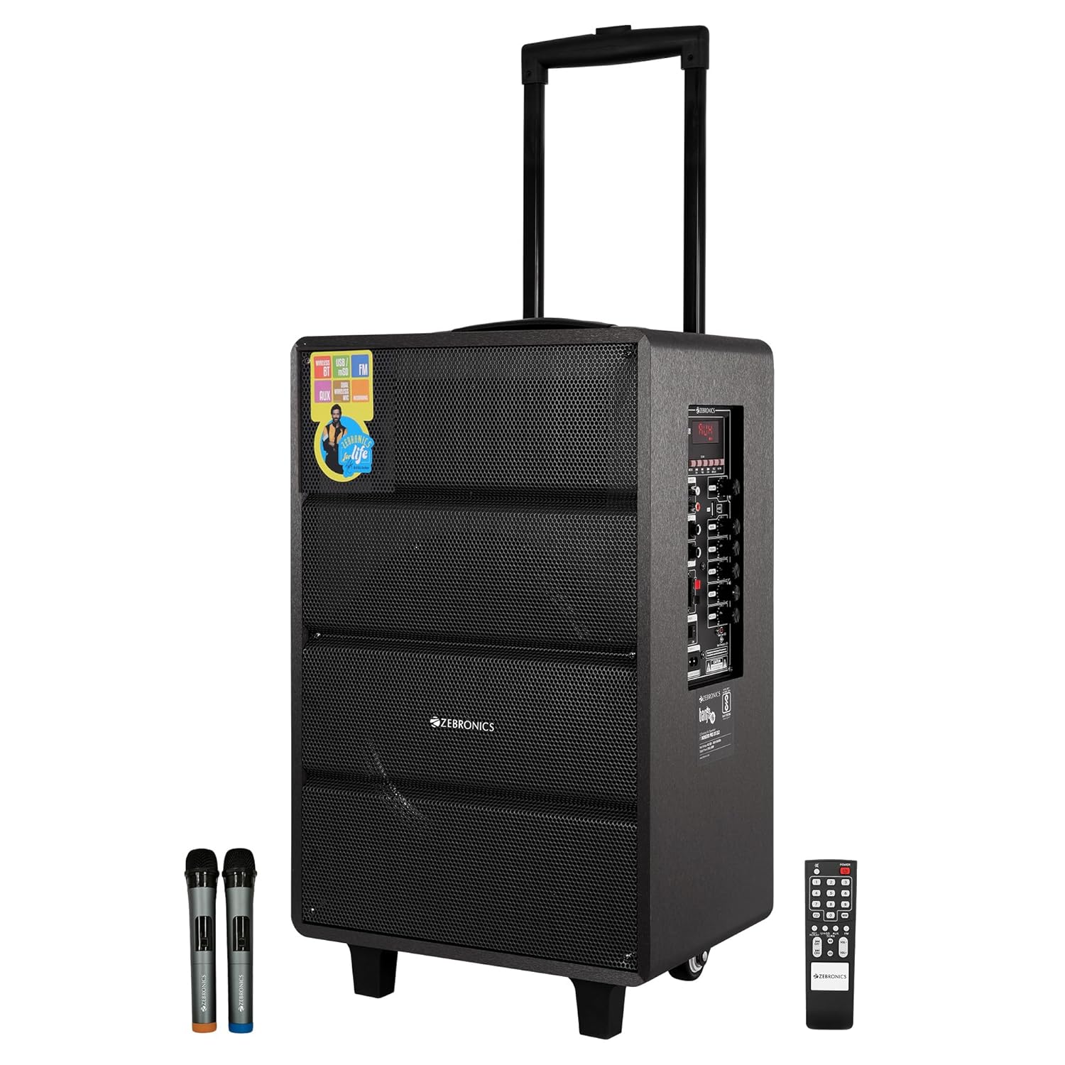 ZEBRONICS Banjo, 80 Watts RMS, Trolley Speaker with Bluetooth 4.2, LED Display & Wireless 2 Mics, USB, mSD, AUX Input, Mic in, FM Radio and Stylish Design ZEBRONICS Banjo, 80 Watts RMS, Trolley Speaker with Bluetooth 4.2, LED Display & Wireless 2 Mics, USB, mSD, AUX Input, Mic in, FM Radio and Stylish Design