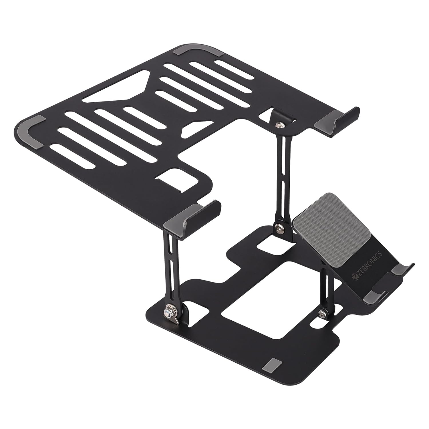 ZEBRONICS NS3500, Foldable Laptop Stand, with Mobile Stand, Upto 17 inch Laptop, Multi-Angle Adjustment, Anti-Slip Silicone Pads, Carbon Steel Body, Anti-Rust, for Laptop, Smartphones and Tablets ZEBRONICS NS3500, Foldable Laptop Stand, with Mobile Stand, Upto 17 inch Laptop, Multi-Angle Adjustment, Anti-Slip Silicone Pads, Carbon Steel Body, Anti-Rust, for Laptop, Smartphones and Tablets