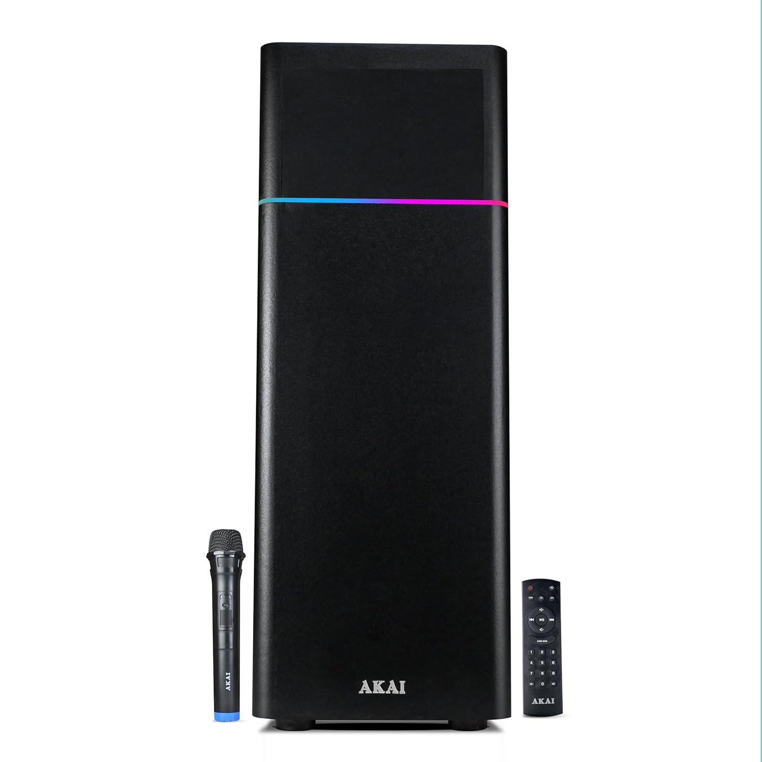 AKAI Ultraboom-60 Bluetooth Speaker, 60 Watts RMS, High Bass, Wireless Mic, Multicolor LED Lights, Wooden Cabinet, Home Theater, Karaoke, AUX, USB, FM, Remote Control, Party Speaker (Black)