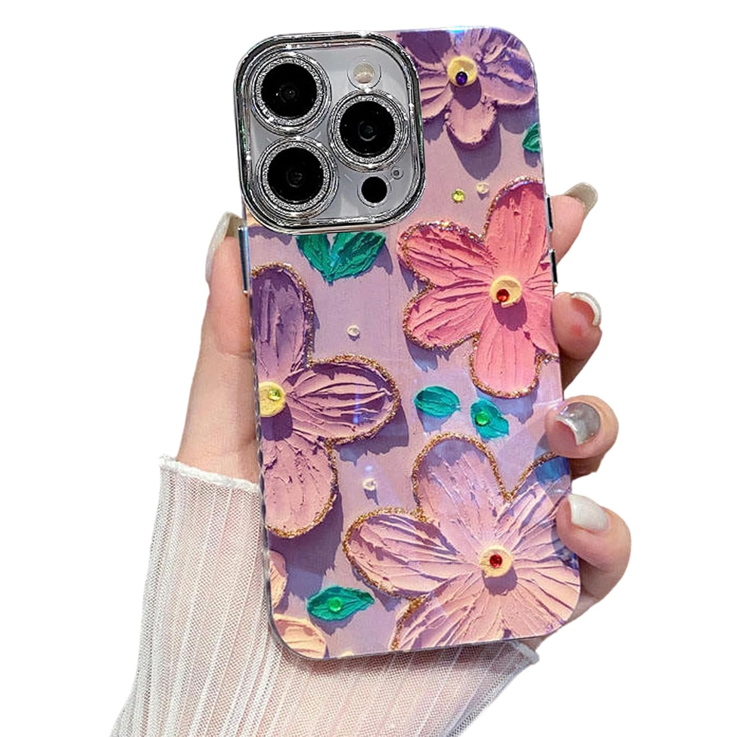 Elzzi Compatible with iPhone 15 Pro Case 3D Laser Flower Oil Painting Cute Colorful Full Camera Protection Shockproof PC+TPU Glossy Shiny Cover for Girls Women, Purple+Pink
