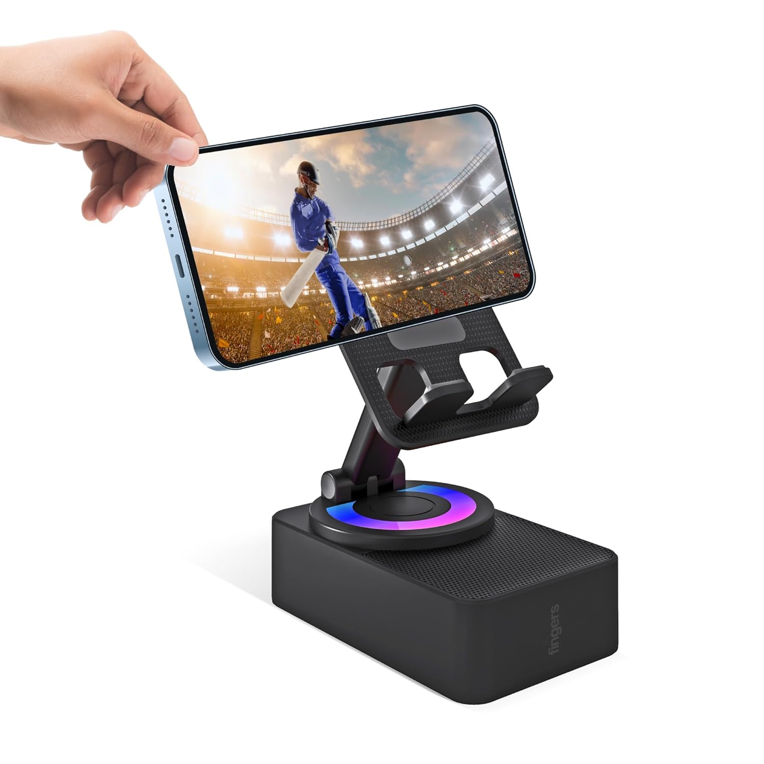 FINGERS Mini MOT (My-Own-TV) Portable Speaker-Cum-Mobile Stand with Rotating 360-degree (Dazzling RGB Lights | 6-Hours Big Playback Time | Built-in Mic for Hands-Free Calls) – Rich Black