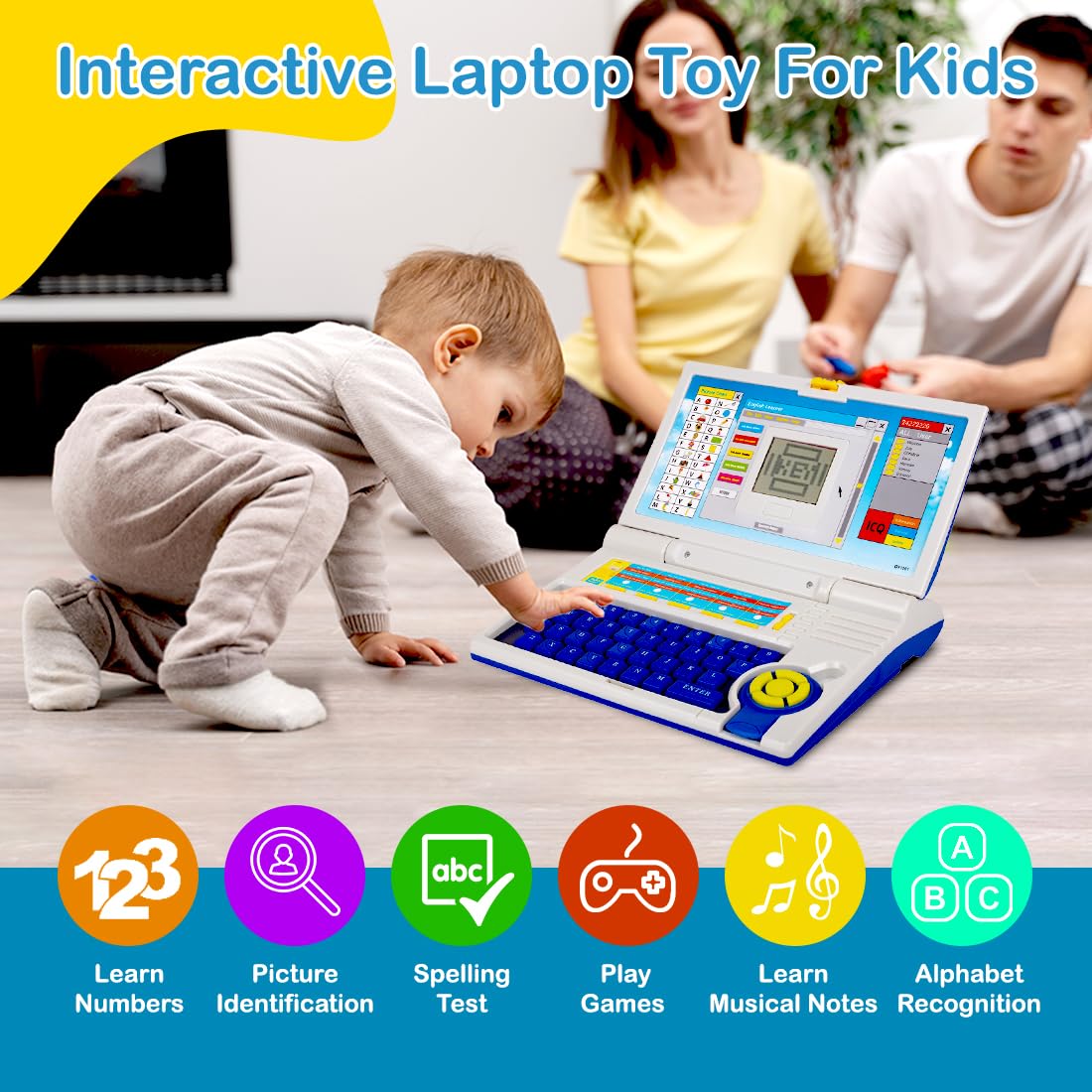 Gooyo GY-1101 Plug & Play English Learner Educational Laptop Toy with 20 Learning & Playing Activities|Blue & White Color,Dual Power Supply Source:Micro USB Cable(Included) &3xAA Battery(Not Included)