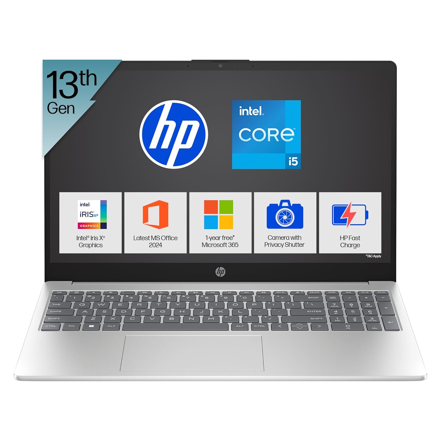 HP 15, 13th Gen Intel Core i5-1334U Laptop (16GB DDR4,512GB SSD) Anti-Glare, Micro-Edge,15.6”/39.6cm, FHD, Win11,M365,Office24, Silver,1.59kg, Iris Xe Graphics,FHD Camera w/Privacy Shutter, fd0577TU