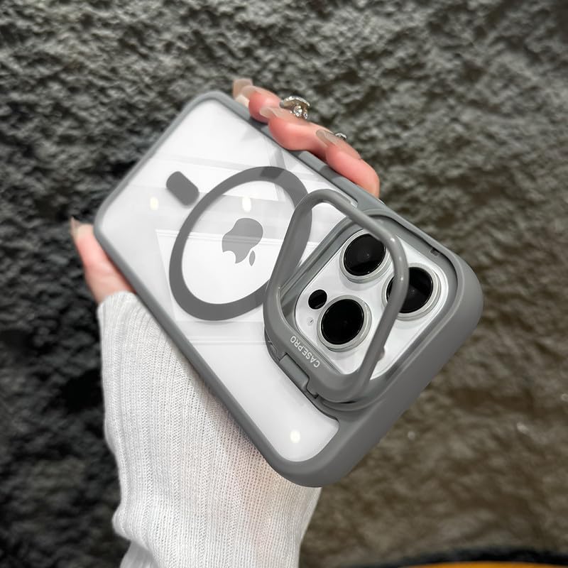 LuxuryKase Mag-Safe Shockproof Case for iPhone 16 Pro Max with Rotating Camera Guard Stand | Military Grade Drop Protection | Transparent Hard Back Cover with Wireless Charging – Grey