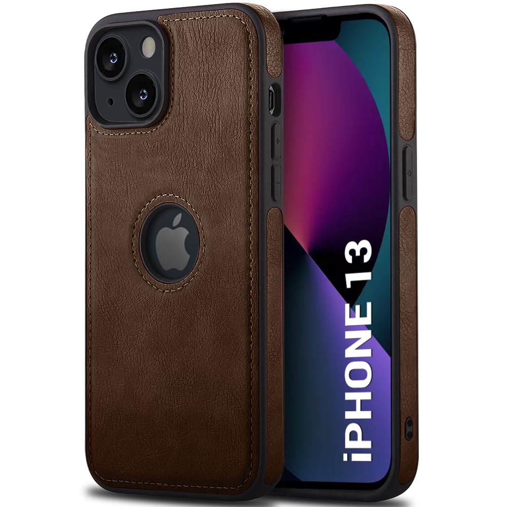 TheGiftKart Genuine Leather Finish iPhone 13 Back Cover Case | Shockproof Design | Raised Edges for Camera & Screen Protection | Stunning Minimalist Design Back Case Cover for iPhone 13 (Brown)