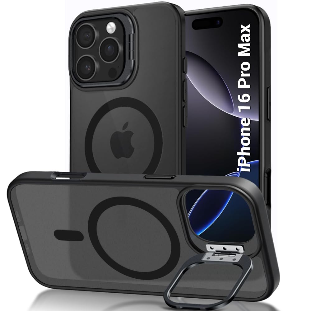 TheGiftKart Hybrid Back Cover Case for iPhone 16 Pro Max Compatible with MagSafe | Built-in Stand | Shockproof Hard Case Cover for iPhone 16 Pro Max (PC & TPU, Frosted Matte Back, Black Sides)