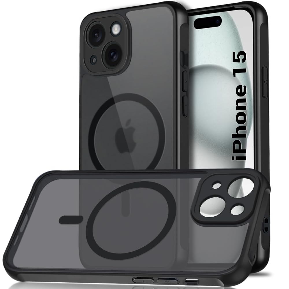TheGiftKart Ultra-Hybrid Shockproof Back Cover Case for iPhone 15 | Compatible with MagSafe | Camera Protection Bump | Hard Back Cover Case for iPhone 15 (PC & TPU, Smoked Matte Back, Black Sides)