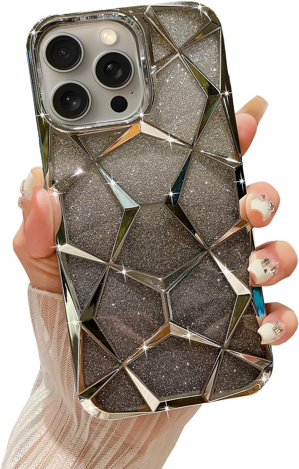 VONZEE Gradient Glitter Case for iPhone 16 Pro Max, Luxury Electroplated 3D Cube, Diamond Bling Shiny Soft TPU Clear Shockproof Women Girls Protective Phone Cover (Grey)