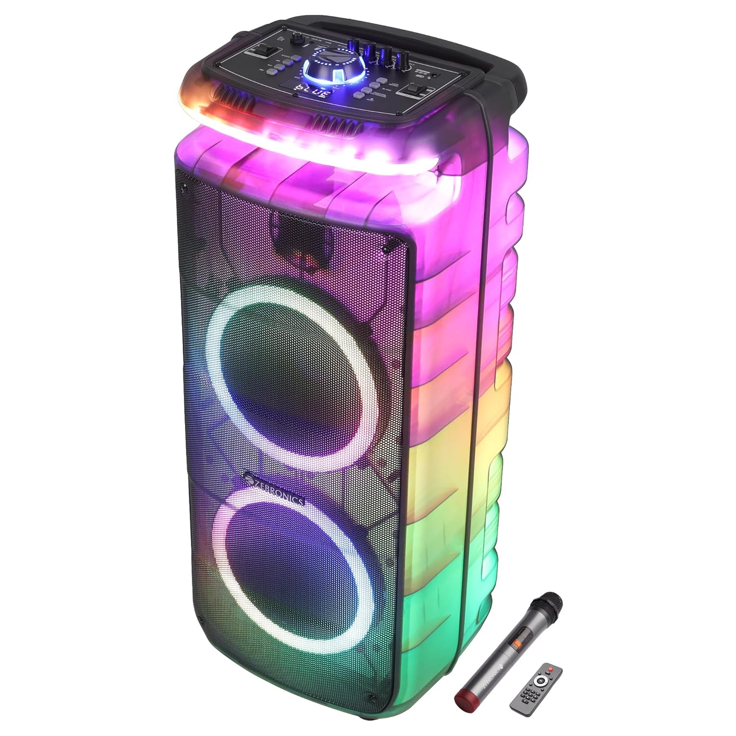 ZEBRONICS 160W Party DJ Speaker, 12h Playback, Wireless UHF Mic, Karaoke & Recording, Dual 20.32cm High-Fidelity Drivers, TWS, 6.3mm Mic Input, Bluetooth, USB, RGB, Carry Handle (Glow Box 8B) ZEBRONICS 160W Party DJ Speaker, 12h Playback, Wireless UHF Mic, Karaoke & Recording, Dual 20.32cm High-Fidelity Drivers, TWS, 6.3mm Mic Input, Bluetooth, USB, RGB, Carry Handle (Glow Box 8B)