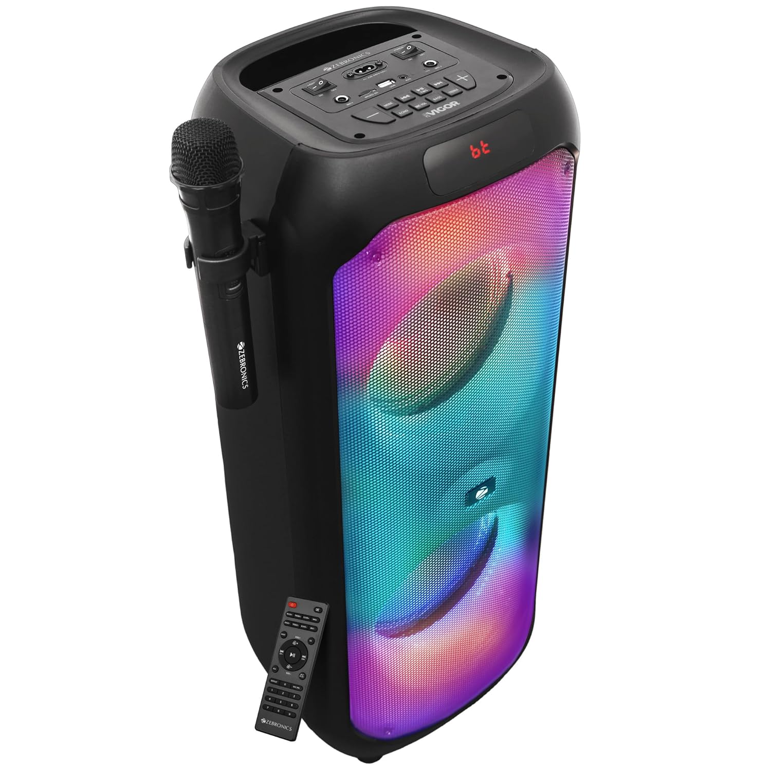 ZEBRONICS Vigor, Portable Bluetooth Speaker, 60 Watts, Upto 6h Backup, Bluetooth v5.0 | USB | mSD| FM | AUX, TWS, RGB LED, Karaoke, Included Wireless Microphone ZEBRONICS Vigor, Portable Bluetooth Speaker, 60 Watts, Upto 6h Backup, Bluetooth v5.0 | USB | mSD| FM | AUX, TWS, RGB LED, Karaoke, Included Wireless Microphone