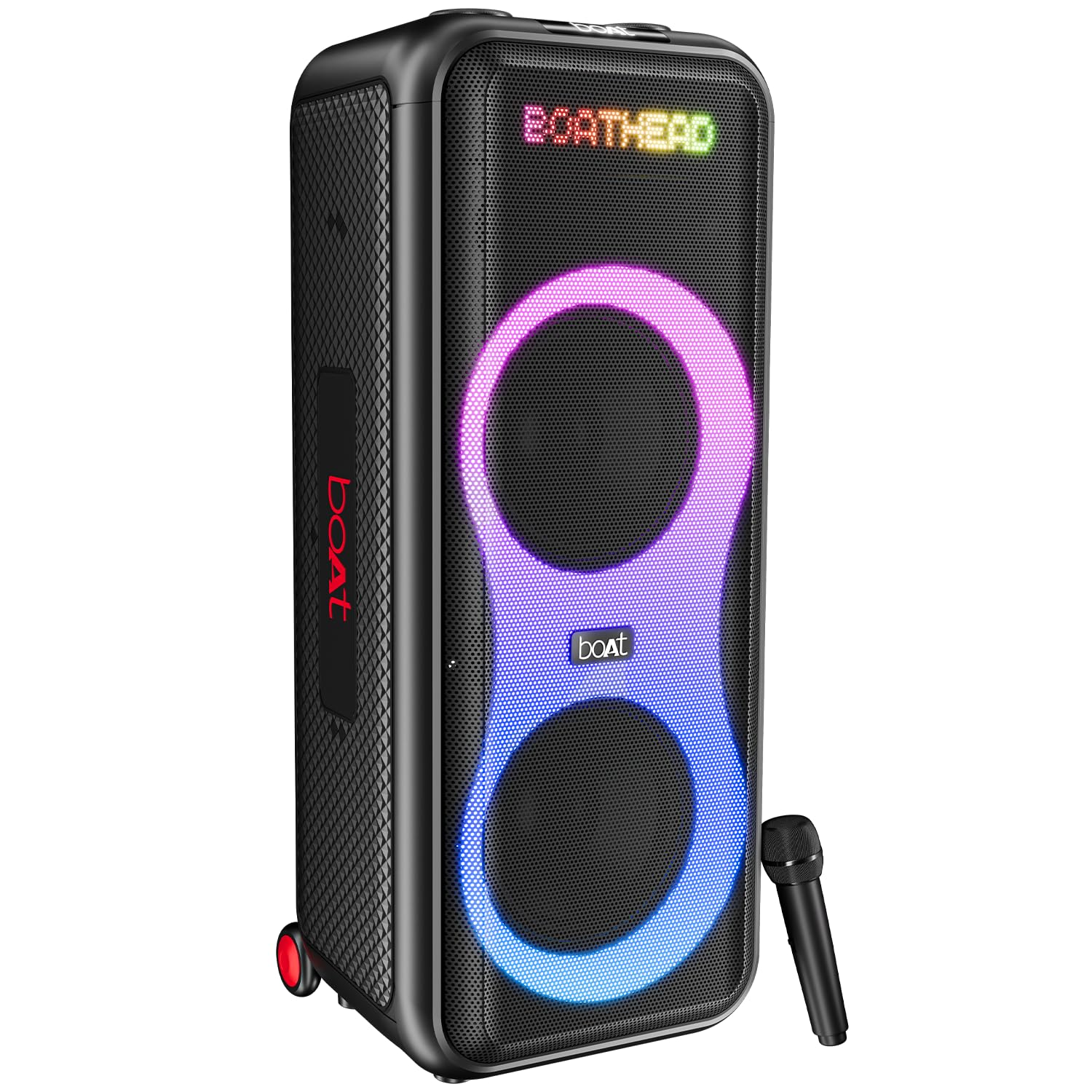 boAt New Launch PartyPal 600 Party Speaker, 220W Signature Sound, Dynamic Pixels, Animated Text Display, App Support, UHF Wireless Microphone, Colorful LEDs,7hrs Battery & Guitar Input(Premium Black)