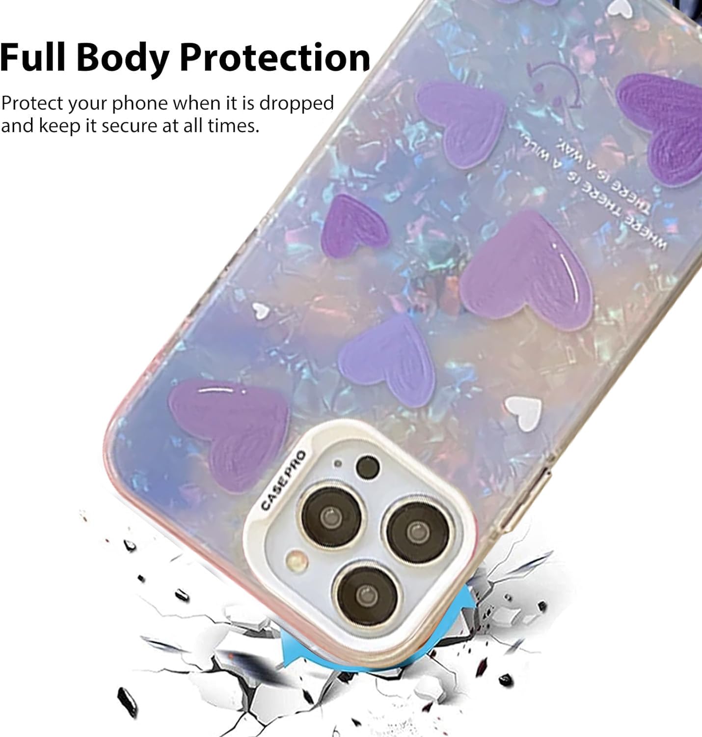 mobistyle Designed for iPhone 16 Pro Max Cover Cool Shining Shell Love Heart Pattern Design with TPU Edges Phone Back Cover Case for Girls Women (Purple)