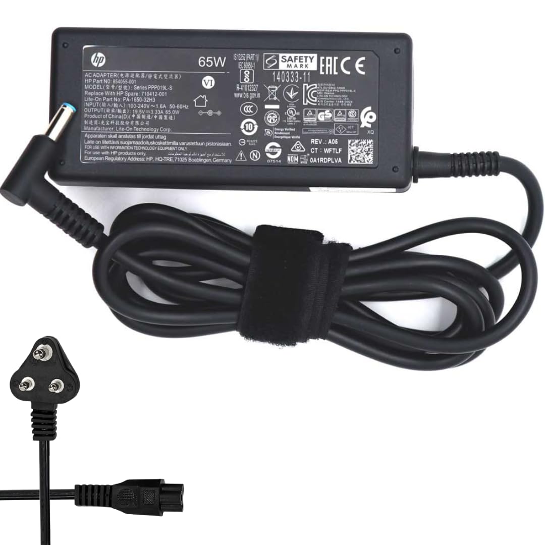 ABRALE Hp Original Blue Pin Laptop Charger 19.5V 3.33A 65W Adapter (with 3 Pin Power Cable)