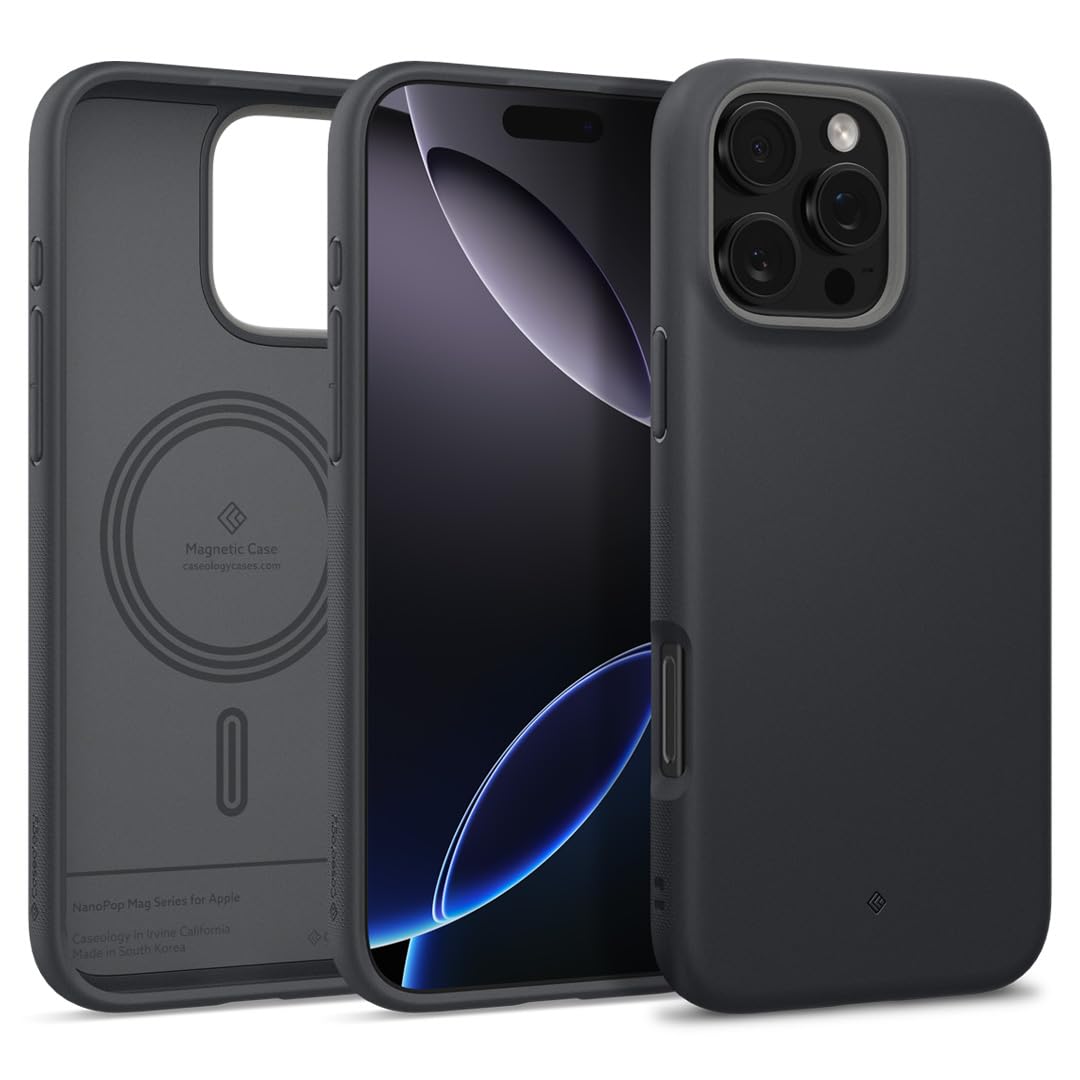 CASEOLOGY by Spigen Nano Pop Mag for iPhone 16 Pro Max Case [Soft & Dust Free Material] Magnetic Military Grade Drop Protection Back Cover Case for iPhone 16 Pro Max (TPU and PC | Black Sesame)