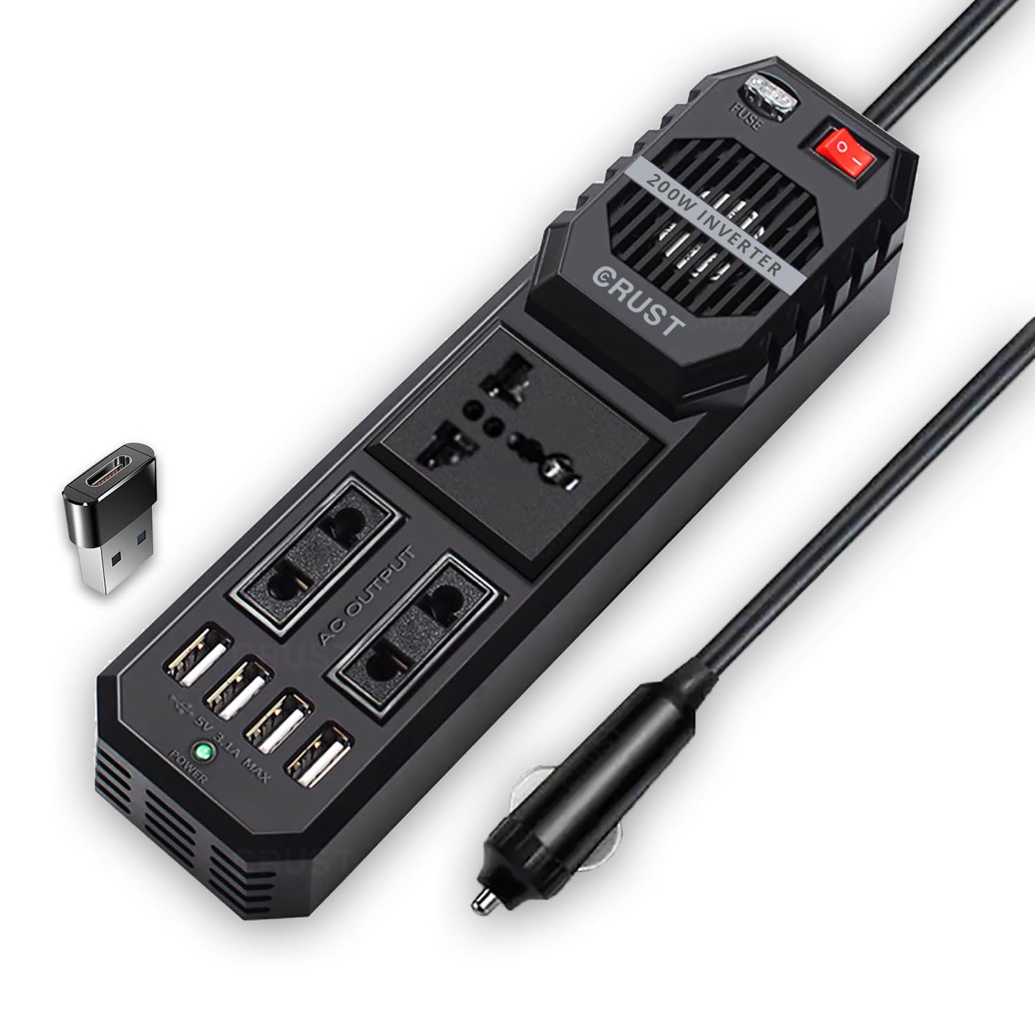 CRUST N80 Car Laptop Charger Power Inverter 200W; 12V DC to 220V AC, 3 AC Outlets, 4 USB Ports + 15W Type C Adapter, Rapid Cooling Fan, External Fuse, 6 Layers of Protection