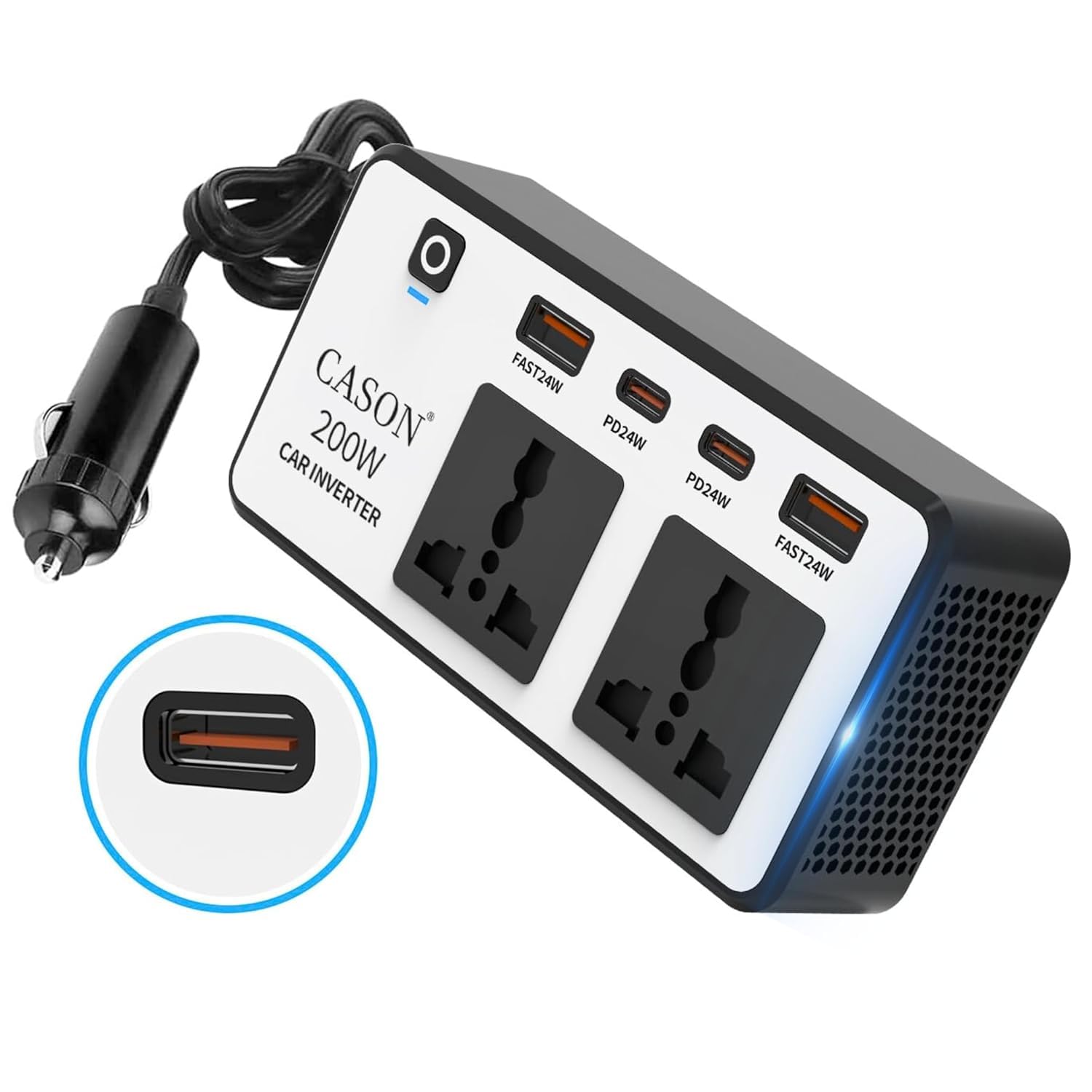 Cason -200W Car Inverter 12V to 220V, QC3.0 Fast Charging Car Laptop Charger, Power Inverter with 2 USB (3.1A Max) + 2 Type-C (24W PD),Car Socket to Plug Adapter(Black,White) Cason -200W Car Inverter 12V to 220V, QC3.0 Fast Charging Car Laptop Charger, Power Inverter with 2 USB (3.1A Max) + 2 Type-C (24W PD),Car Socket to Plug Adapter(Black,White)