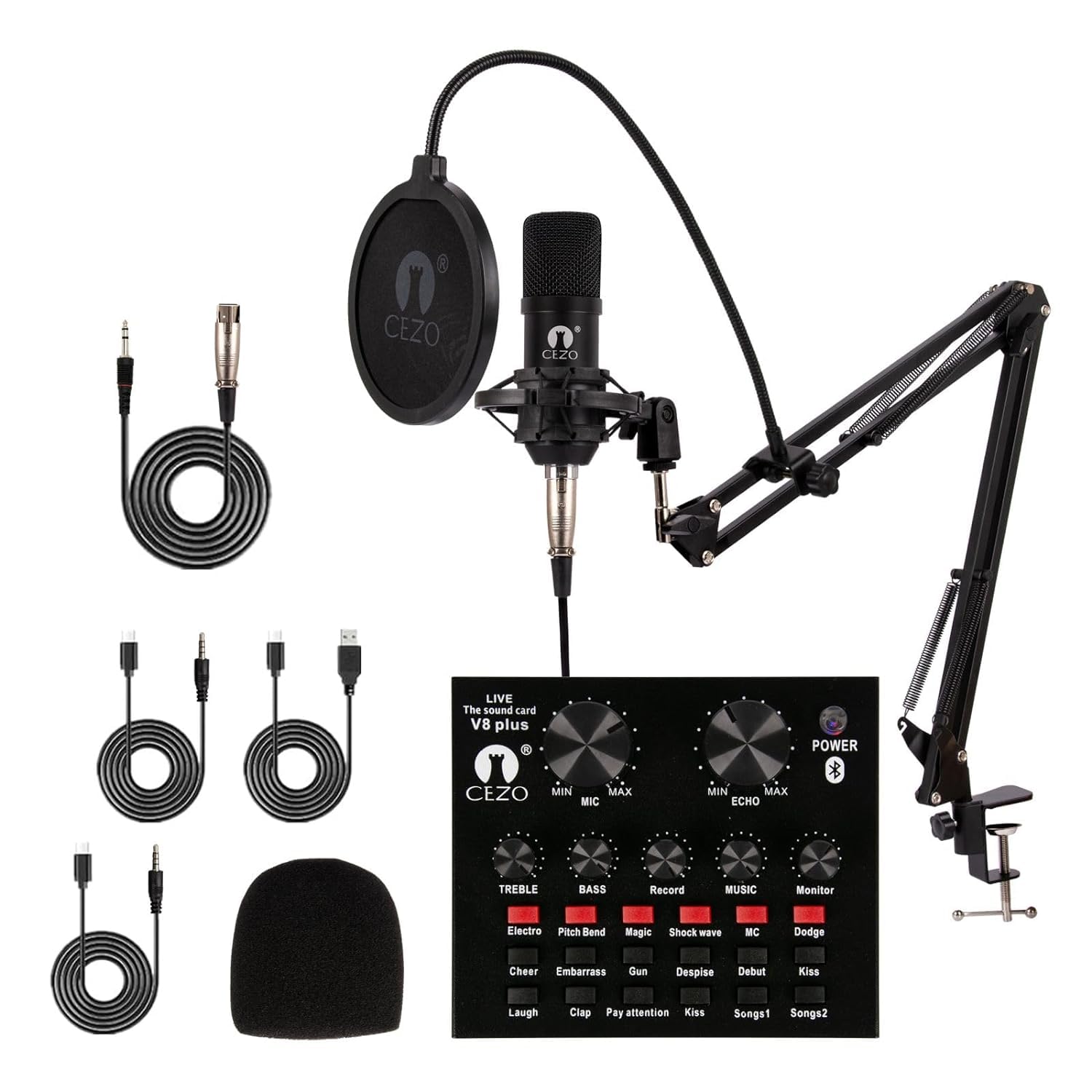 Cezo BM 800 Condenser Microphone Kit Set with V8 Sound Card, Boom Arm Stand, Pop Shield Recording Studio Equipment Full Set with 3.5mm Mic for Smartphones Live Streaming Youtubers – Black