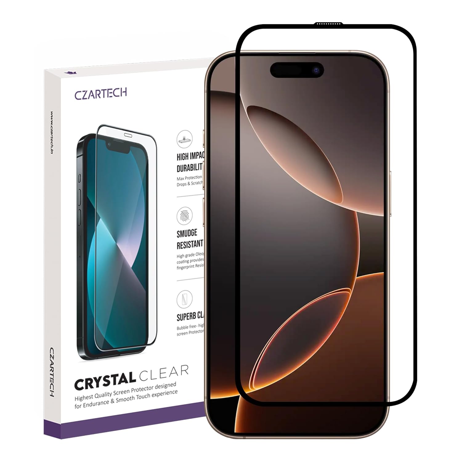 Czartech Tempered Glass Screen Protector for iPhone 16 Pro Max (6.7 inch) Full Screen Coverage Edge to Edge Glass guard with Cleaning Kit (Pack of 1)