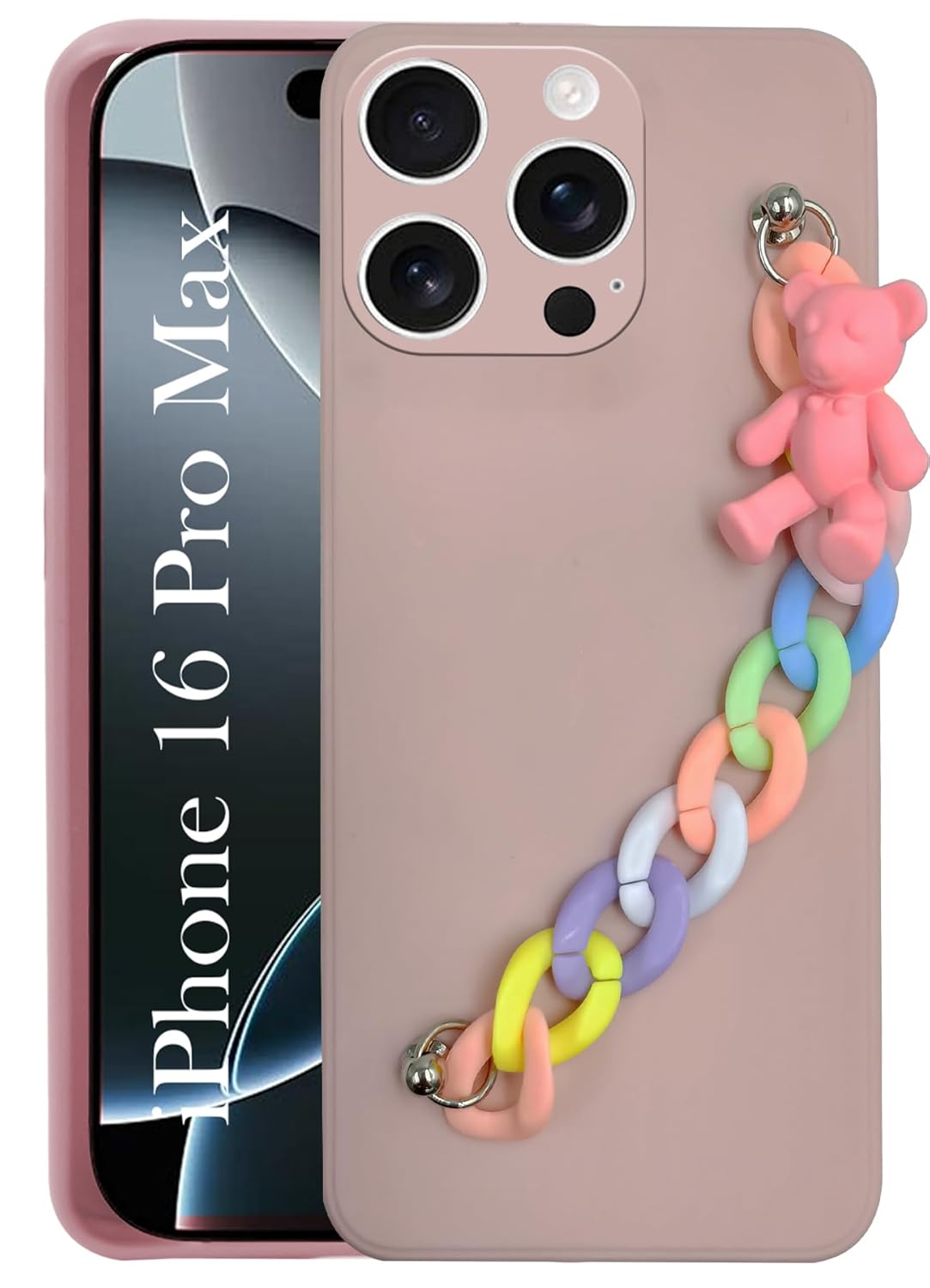 Jkobi Back Cover for Apple iPhone 16 Pro Max Girls Case with Bracelet (Wrist Hanging Chain | Teddy Toy Cartoon)