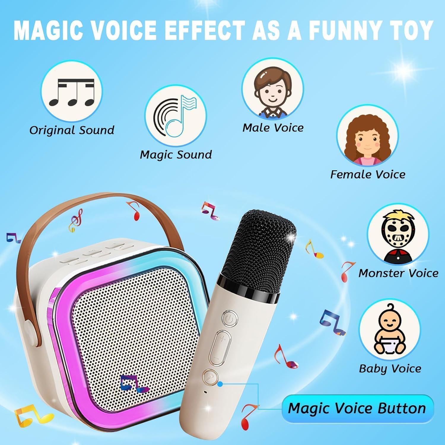 Mini Bluetooth Speaker with Wireless Karaoke Mic ! 8Hrs Playtime with RGB Lights ! Voice Effects ! Multi-Play Modes ! Rechargeable Speaker with Type-C Charging Port ! (Any Color, 1 QNTY)