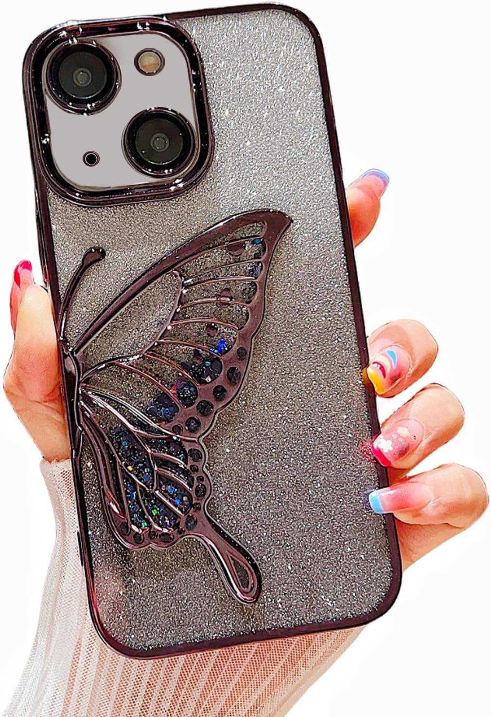 Mobistyle Designed For Iphone 13 Cover With Luxury Glitter Cute Butterfly Plating Design Aesthetic Women Teen Girls Back Cover Cases For Iphone 13 (Butterfly | Black) – Silicone