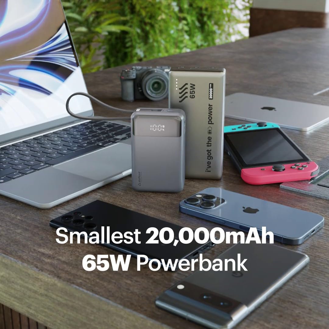 Stuffcool GIGA Smallest 65W 20000mAh Laptop Powerbank with Built in 100W 5A Type C Cable,Charges MacBook air 0-100%,MacBook pro laptops 0-90%,Supports superfast Charging 2.0,fastcharges iPhone,Pixels