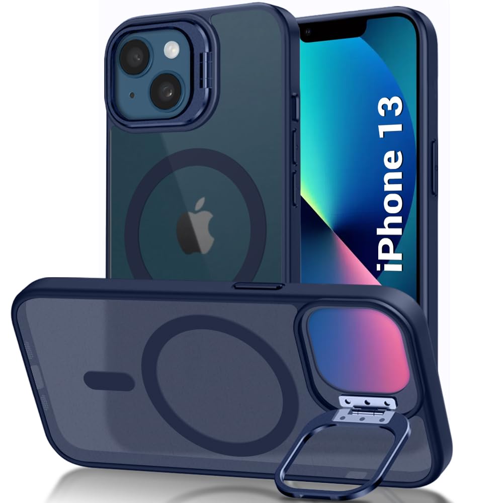 TheGiftKart Hybrid Back Cover Case for iPhone 13 Compatible with MagSafe | Built-in Stand | Shockproof Hard Case Cover for iPhone 13 (PC & TPU, Frosted Matte Back, Blue Sides)