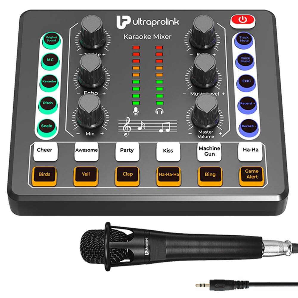 UltraProlink Portable Bluetooth Karaoke Mixer | with Recording | 12 sound effects | Sound Card for Singing, Podcast,Live Stream,Broadcast | Dual Mic Input | Condenser Mic | Sing Along Pro UM1002PRO