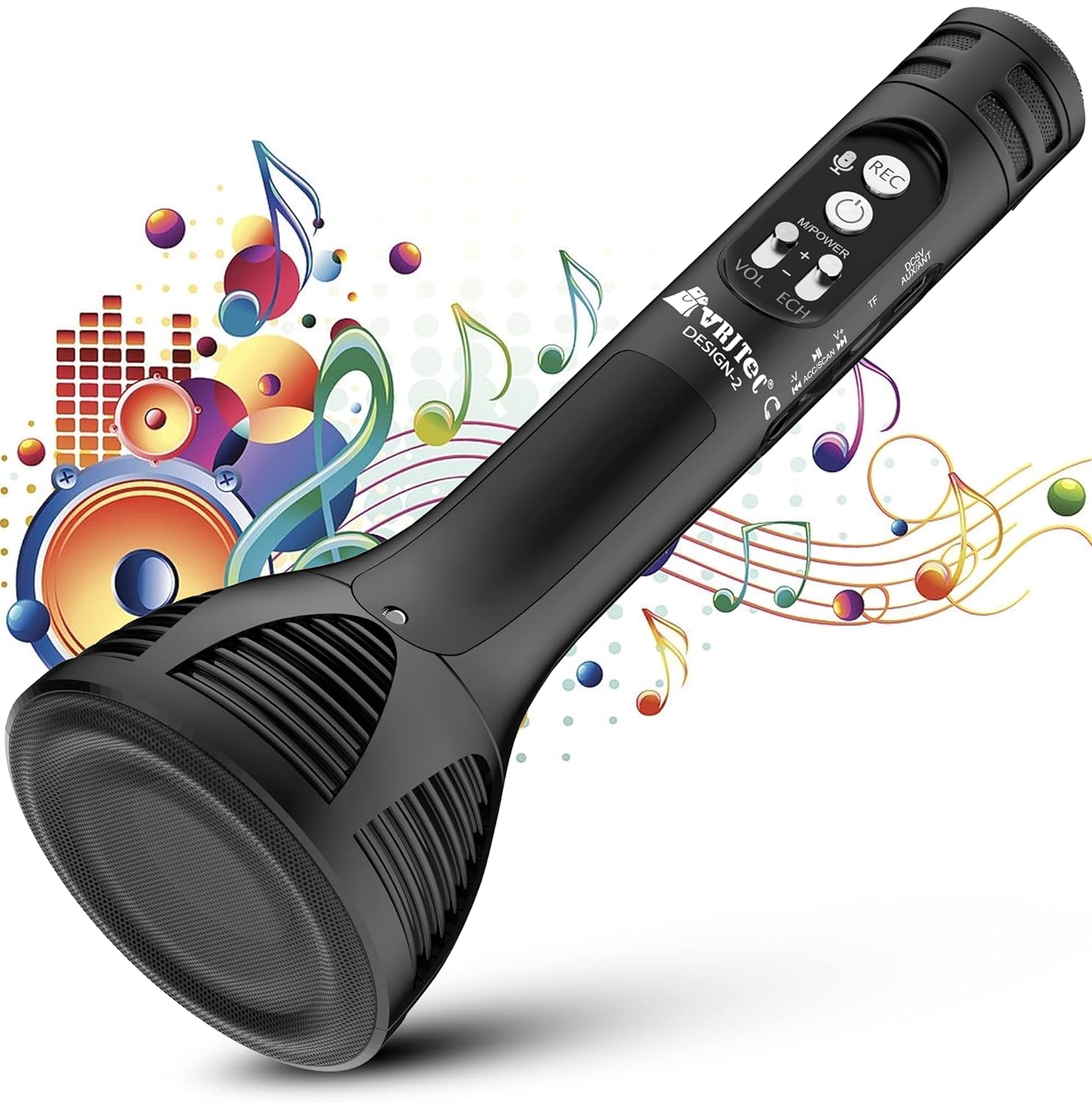 VRJTEC Bluetooth Karaoke Mic – Wireless & Multifunctional2 in 1 Microphone with Audio Recording, 12 Hours Battery Life + USB Charging + Card Slot + Aux Port (Black – Color)