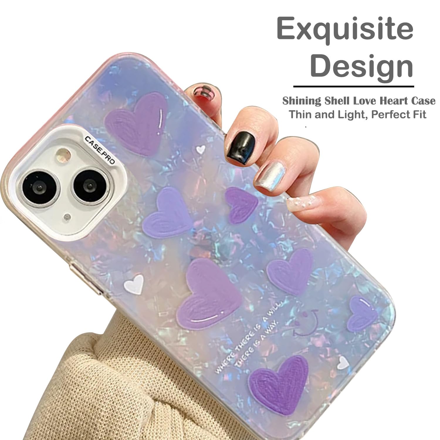 mobistyle Designed for iPhone 13 Cover Cool Shining Shell Love Heart Pattern Design with TPU Edges Phone Back Cover Case for Girls Women (Bling Heart Purple)
