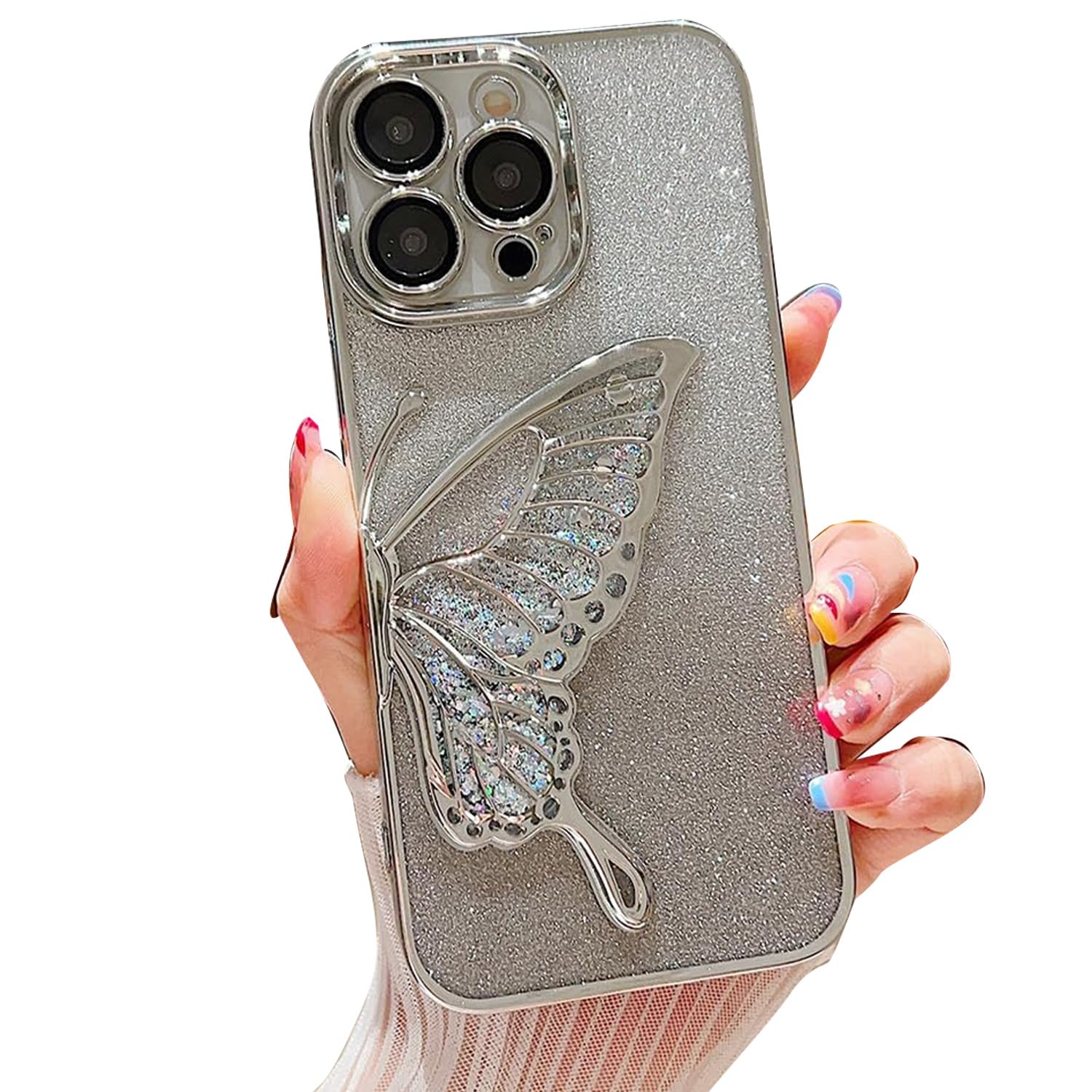 mobistyle Silicone Designed For iPhone 13 Pro Cover With Glitter Cute Butterfly Electroplate Plating Design Back Cover Case For Women Teen Girls (Silver)