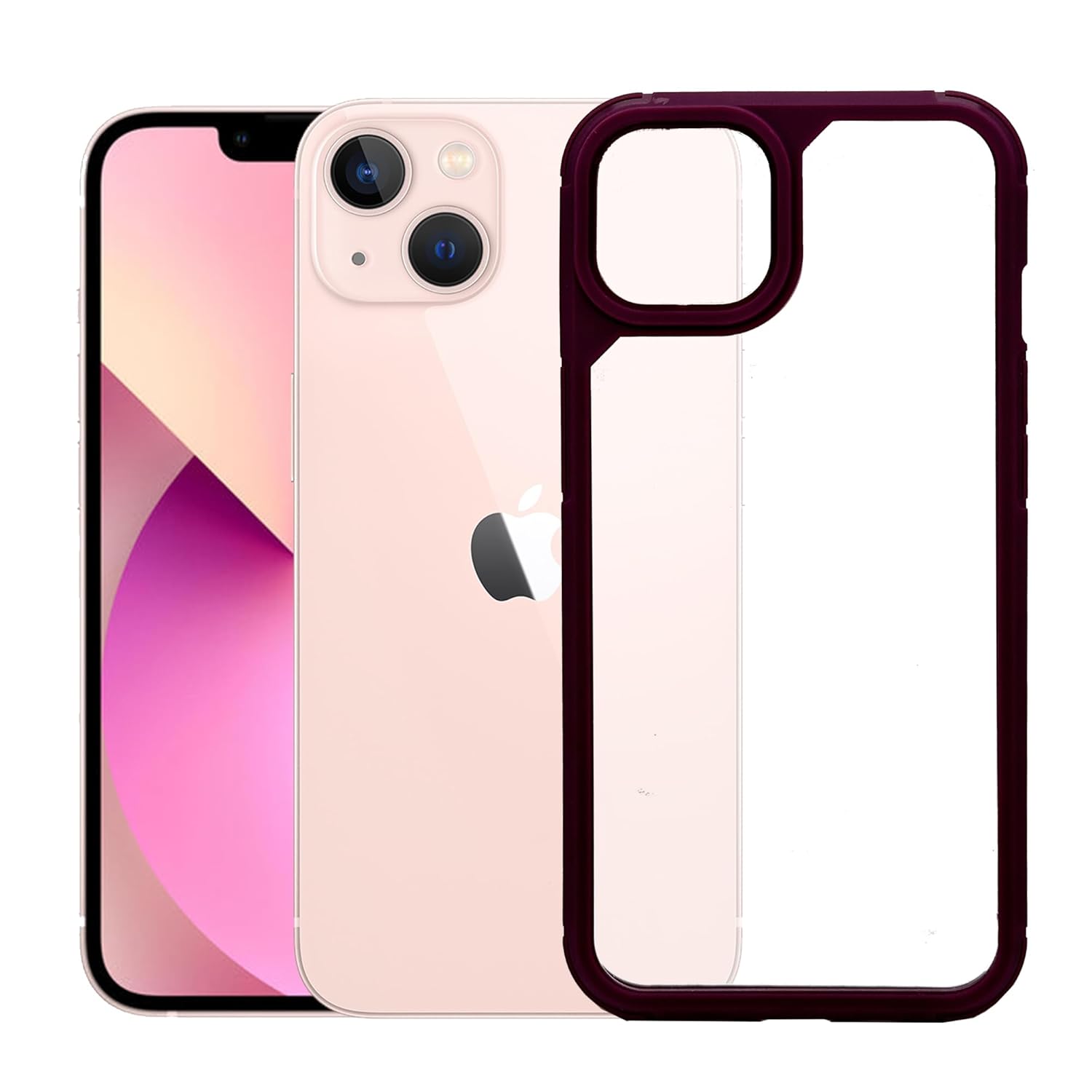 Amazon Basics Back Cover Case Compatible for iPhone 13 / iPhone 14 Hybrid PC+TPU Soft Grip, Enhanced Metal Camera Guard (Pink)