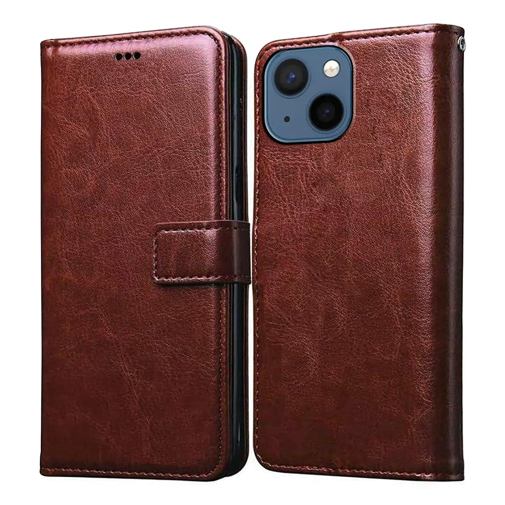 Casotec Flip Cover Back Case for Apple iPhone 13 Mini | Premium Leather Finish | Inbuilt Pockets & Stand | Flip Cover Back Case for Apple iPhone 13 Mini (Brown)