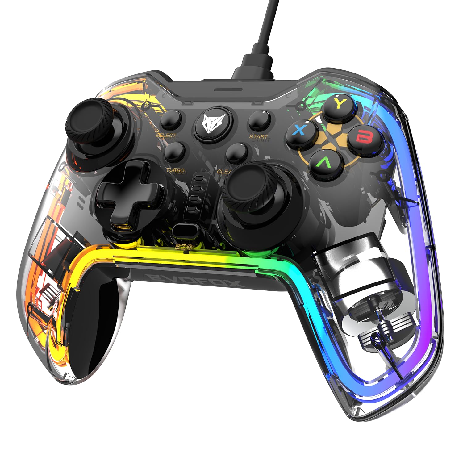 EvoFox Elite X RGB Wired Gaming Controller for PC with 2 Programmable Macro Back Buttons, Adjustable Dual Vibration Motors,Turbo Mode,Analog Triggers, High Precision joysticks,Low Latency Plug and Play,Translucent Shell Gamepad for pc