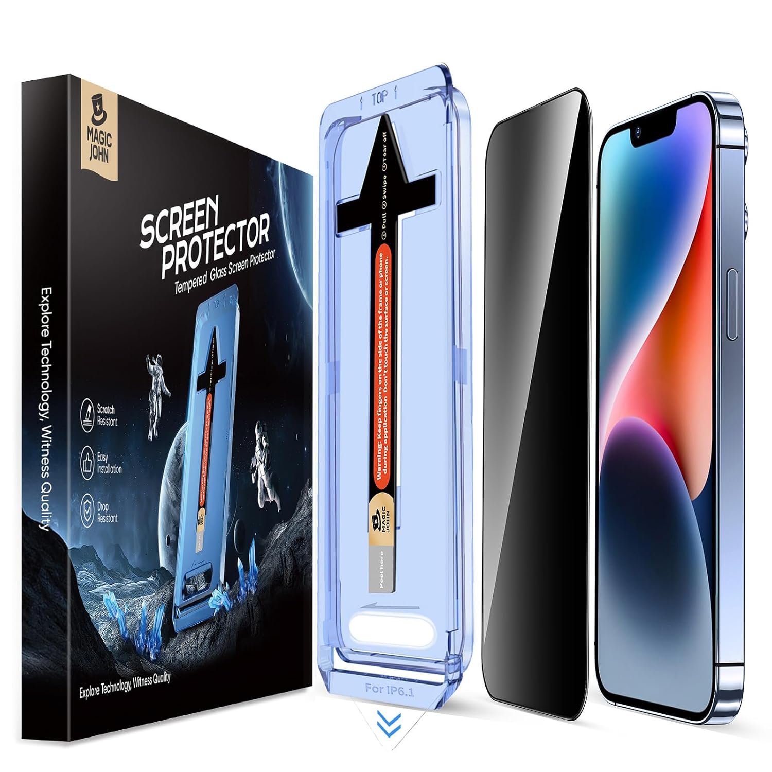 MAGIC JOHN 2 Pack for iPhone 13/13Pro/14/iPhone 16e 6.1 inch Privacy Glass Screen Protector, Auto Dust-Elimination, Bubble Free, Easy Installation