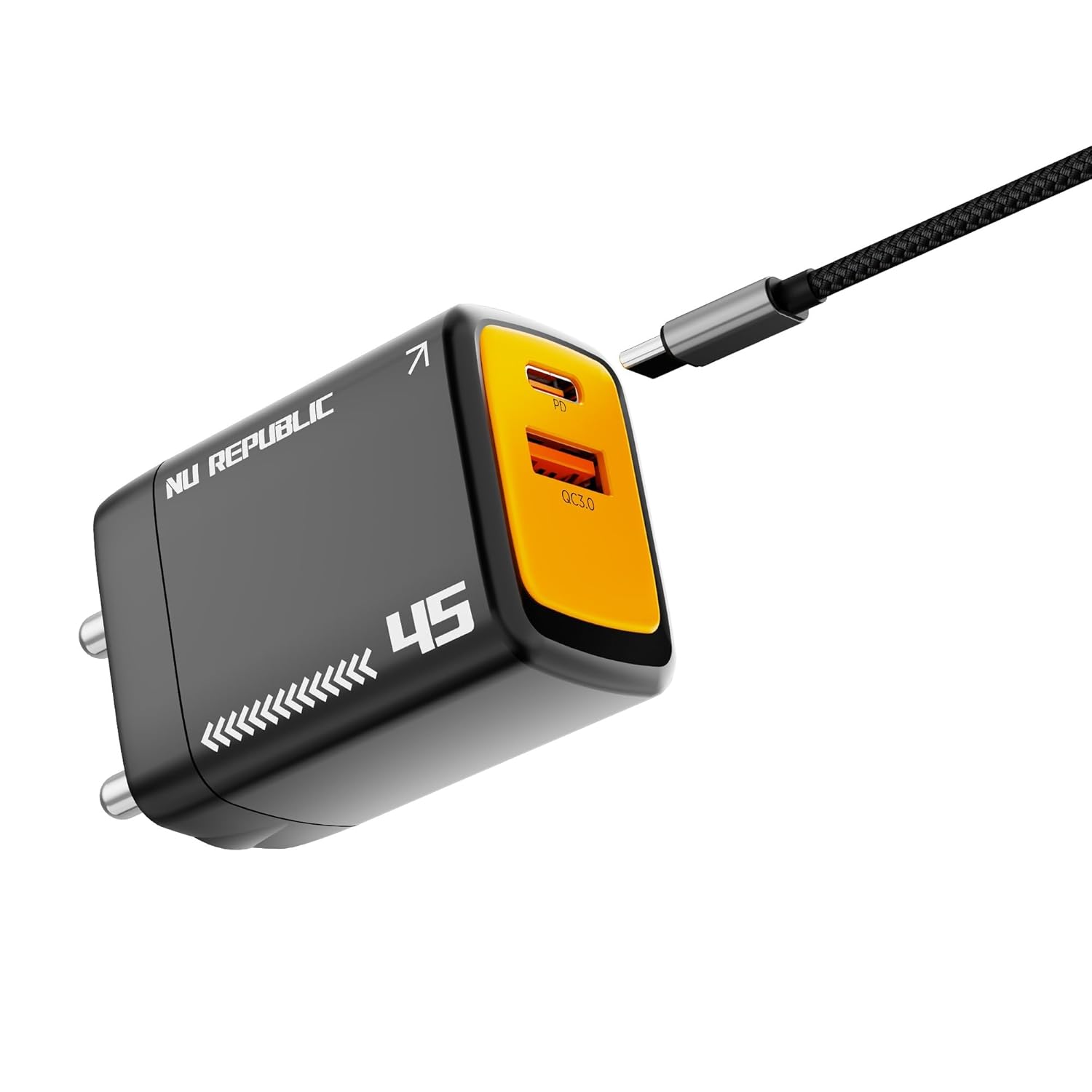 Nu Republic Cybotron 45W Dual Port Gan Superfast Wall Charger, USB & Type C Port, QC PD Technology with Type-C to C Cable, Supports MacBook, Type-C Laptops, iPhone, Samsung, OnePlus etc (Black)