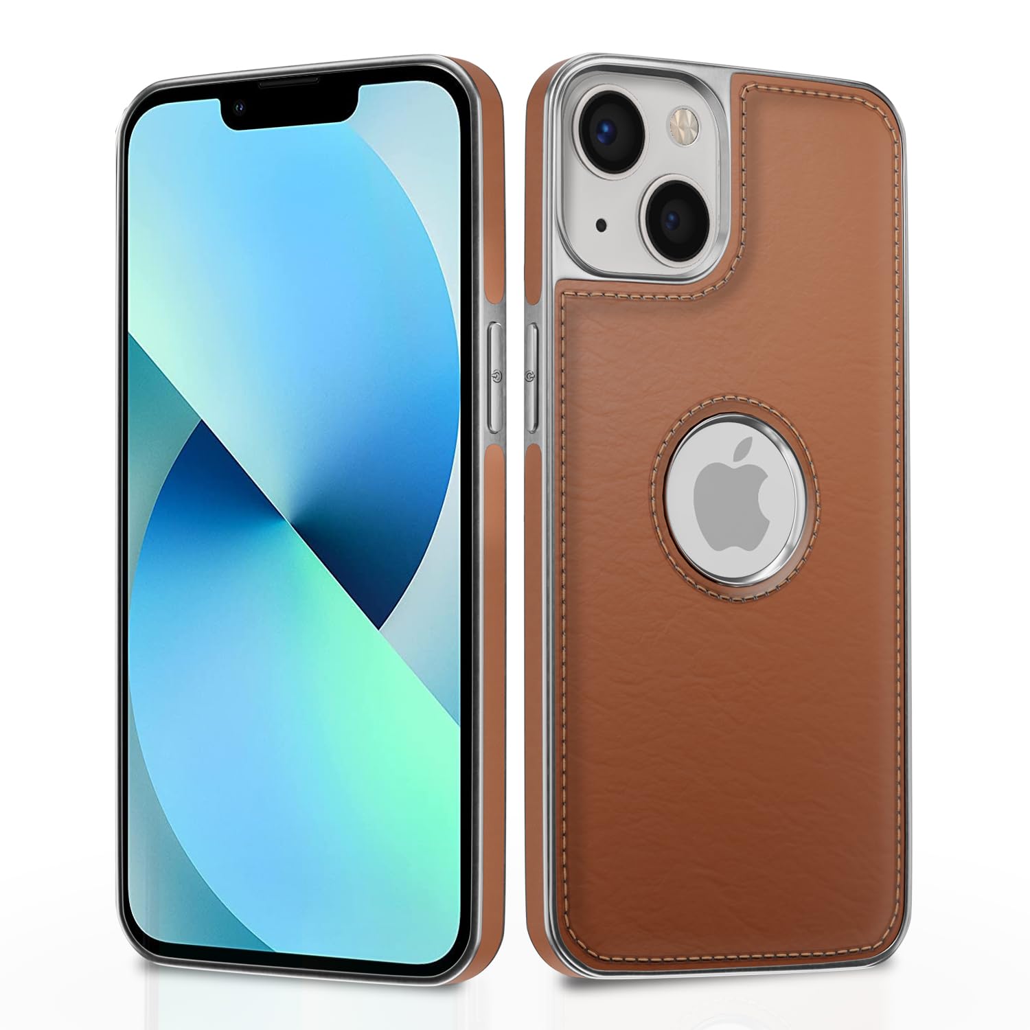 Pikkme iPhone 13 Chrome Leather Back Cover | Flexible Pu Leather | Full Camera Protection | Silver Electroplated Chrome | Bumper Case for iPhone 13 (Chrome Tan)