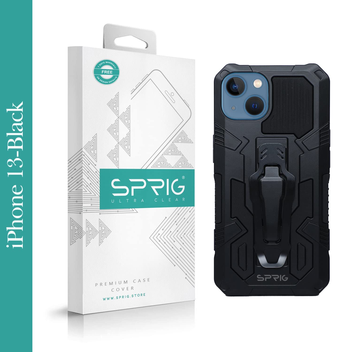 SPRIG Compatible with Apple iPhone 13 Armor Case with Clip Premium Back Case Bumper Cover with Camera Protection Drop Tested Shock Proof for Boys and Girls (Black)