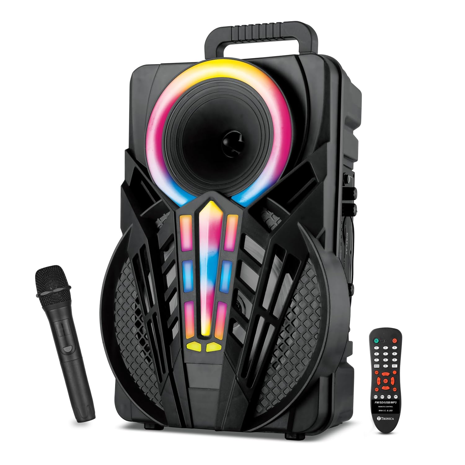 TRONICA Sargam PRO Karoake Wireless Bluetooth 50W Party Speaker Multi Media Portable Speaker Supporting LED Display, RGB Lights, USB, SD Card, AUX, MIC in, FM, TWS & Comes with Free Wireless Mic