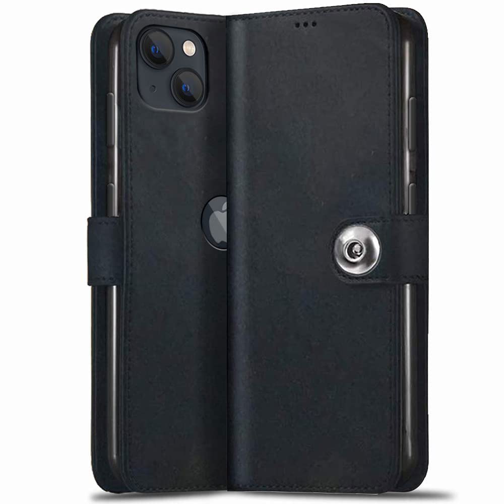 TheGiftKart Genuine Leather Finish iPhone 13 Flip Back Cover Case | Inbuilt Pockets & Stand | Wallet Style | Designer Button Magnet Flip Cover Back Case for iPhone 13 (Black)
